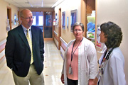 Network Director Michael E. Moreland meets with Elaine Hunter, acting nurse manager, 4 East and BCMA-C; and Dr. Vera Levchuk, staff nephrologist.