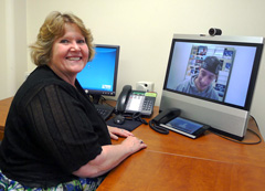 VA Butler Social Worker Sandy Beahm provides care for U.S. Army Veteran J. Anthony Cazzell during a Clinical Video Telehealth session.