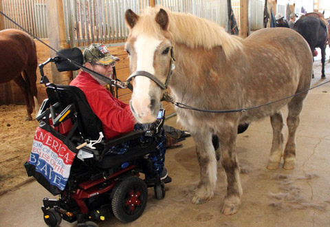 A Veteran in a wheelchair petting a horse.